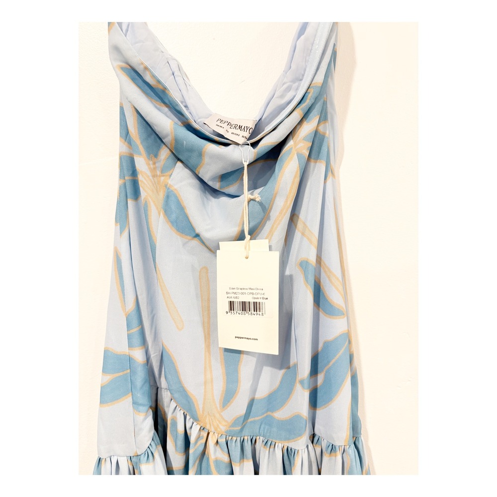 Peppermayo Eden Strapless Maxi Dress Blue Floral Palm Print High Slit NWT - Picture 6 of 6